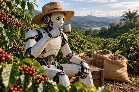 A robot drinking coffee on a coffee farm
